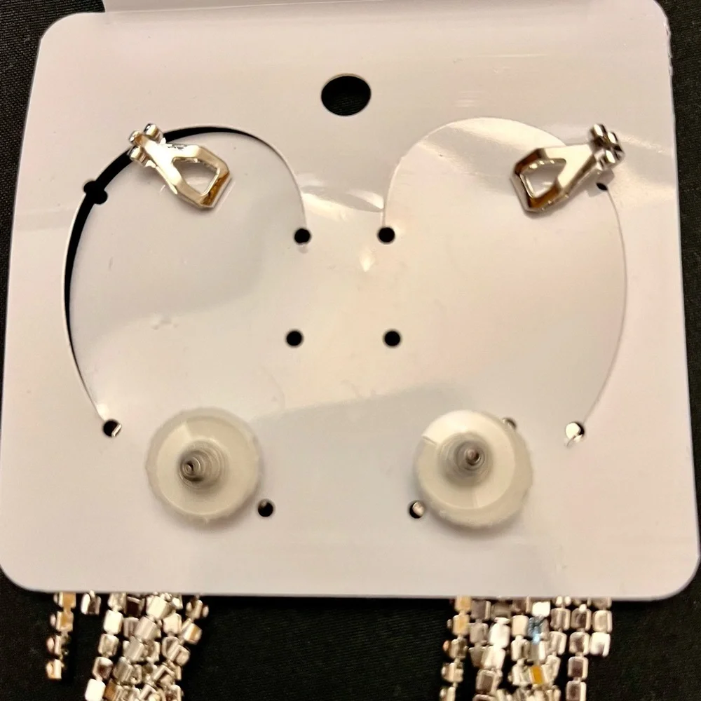 NWT Silver Rhinestone Waterfall Dangle Ear Cuffs Shimmering Crystal Statement - Picture 8 of 11
